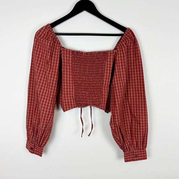 Levi's Red Gingham Puff Sleeve Cropped Blouse Size Medium Plaid Earth Red - Picture 5 of 5